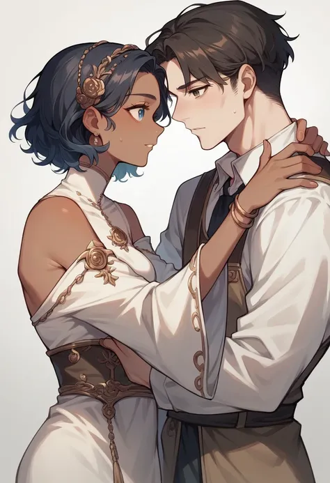  a couple composed of a woman with dark hair, skin fair, blue eyes and Arabic features with novice clothes, and a white man with short wavy dark hair, skin fair, brown eyes and white clothes