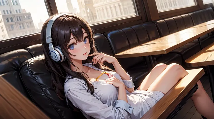 Girl with headphones enjoying music in a cafe　I am studying　Emphasize a little bit of the chest