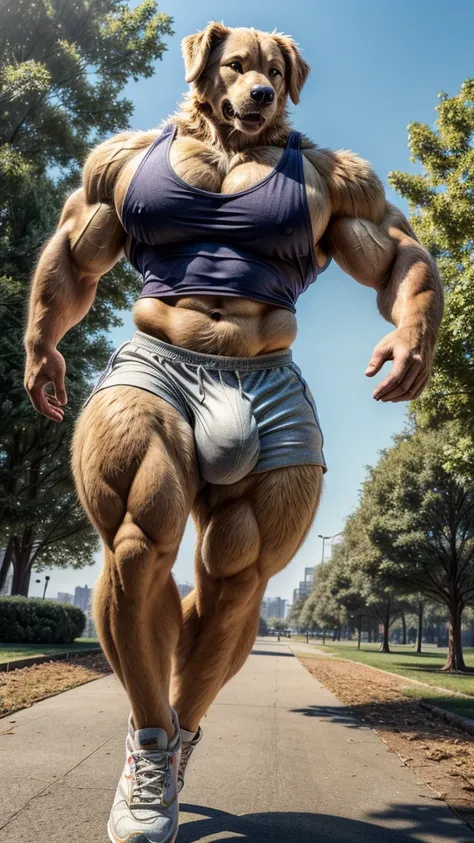 tail, dog, golden retriever, muscular, running, park, fluffy fur, tall, giant, ((big bulge)), (((big pecs))), (((small waist))), (((wide hips))), (((big ass))), handsome, white tank top, shorts, (((realistic, 8k, ultra details, masterpiece)))