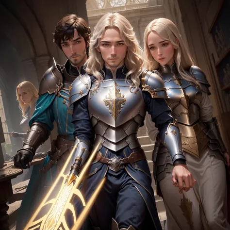 un homme en armure tenant deux épées devant un château, Arsen Lupin en paladin, a human paladin mâle, art du jeu de cartes fantastique, paladin mâle, par Magali Villeneuve, graphiste Magali Villeneuve, art du jeu médiéval-fantastique, artificier masculin, ...