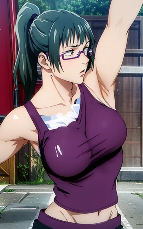 Maki Zenin, purple bra, shorts pants, curved, dark green hair, ponytail, well proportioned, muscular, large thighs, medium chest, purple glasses, gym background, armpits visible, sweaty armpits, very sweaty armpits, sweaty