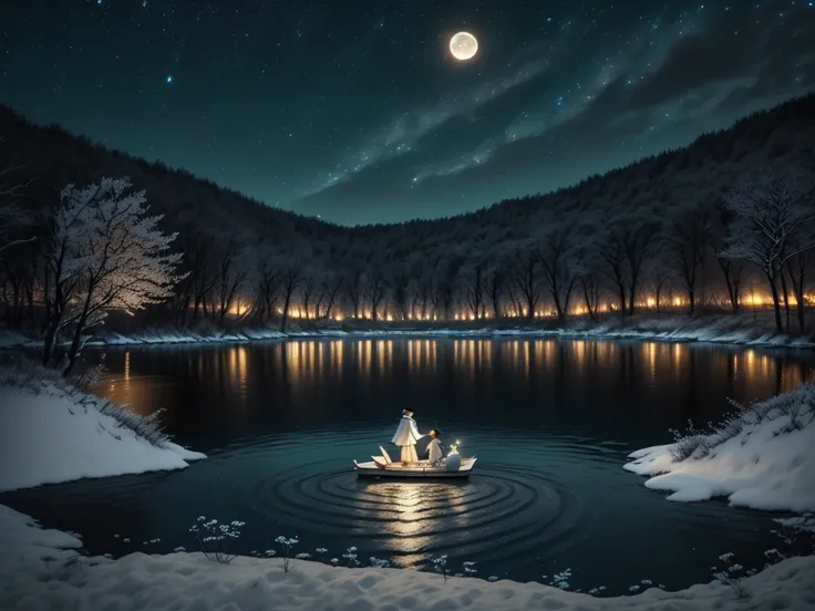 this is a night lake picture，a moon rises from the lake，light blue sky with twinkling stars，white male bear walking by the lake，...