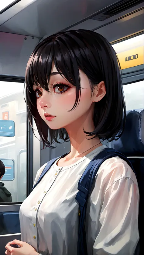 High-quality, 8K ultra-detailed portrait of a J-POP inspired scene, featuring a beautiful woman nodding off on a crowded commuter train, nearly missing her station, extremely realistic, cinematic composition, trending on ArtStation