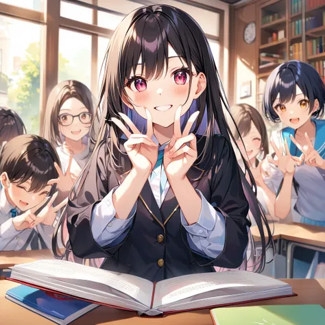 A confident smile, Two students demonstrating a gesture commonly associated with a peace sign while speaking by textbook, skirt, Black Hair, indoor, in, Book, shirt, ((((complete fiine fingers))))