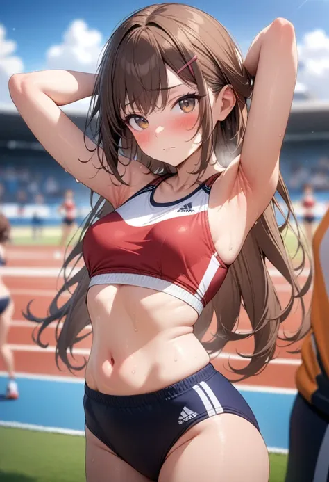 1girls, armpits, navel, buruma, outdoors, breasts,  red sports bra, stomach, looking at viewer, brown hair, track and field, stretching, solo focus, day, sports bra, thighs, black buruma, arms up,  sweat, long hair, cloud, small breasts, sky, blurry, brown...