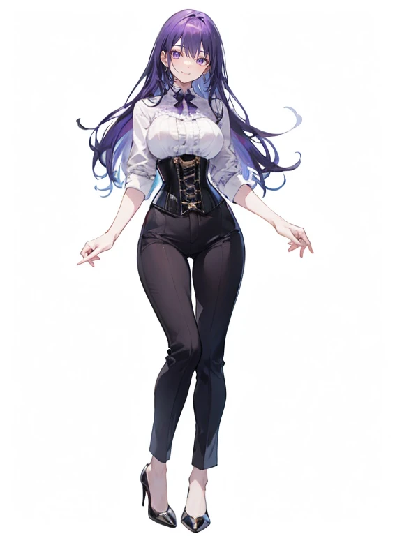 purple,long hair,woman,Shirt with rolled up sleeves,(corset),pants,high heels,Simple white background,smile,whole body,full body,full body,Standing picture,vtuber,upright,,Standing upright with face and body facing forward,