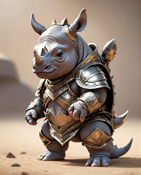 High-detail images　Rhino Baby Warrior　Wearing armor　cute　Full Body Shot　Looking this way