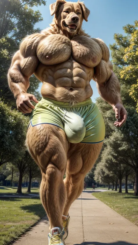 tail, dog, golden retriever, muscular, running, park, fluffy fur, tall, giant, (big bulge), (((jiggly big pecs))), (((small waist))), (((wide hips))), (((big ass))), handsome, shirtless, tight shorts, (((realistic, 8k, ultra details, masterpiece)))