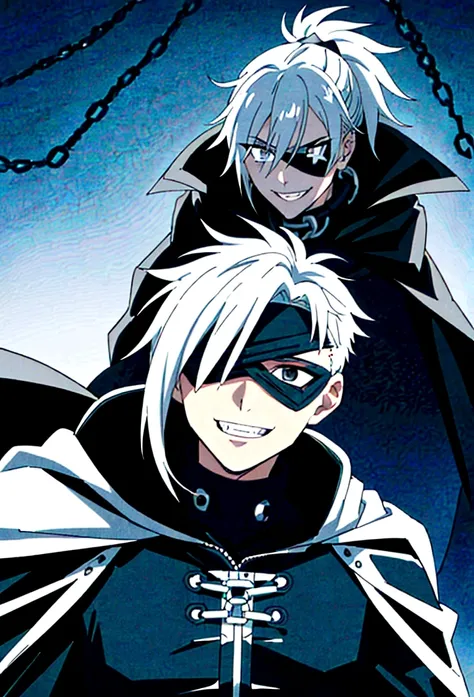 a man, young 20 years old, cold look, smiling fiercely, white teeth, messy short gray hair, ponytail, black eyes, left eye patch...