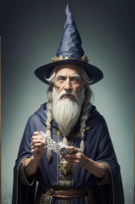 old wizard, with yellow eyes, holding a deck of cards, and named VALDECIR