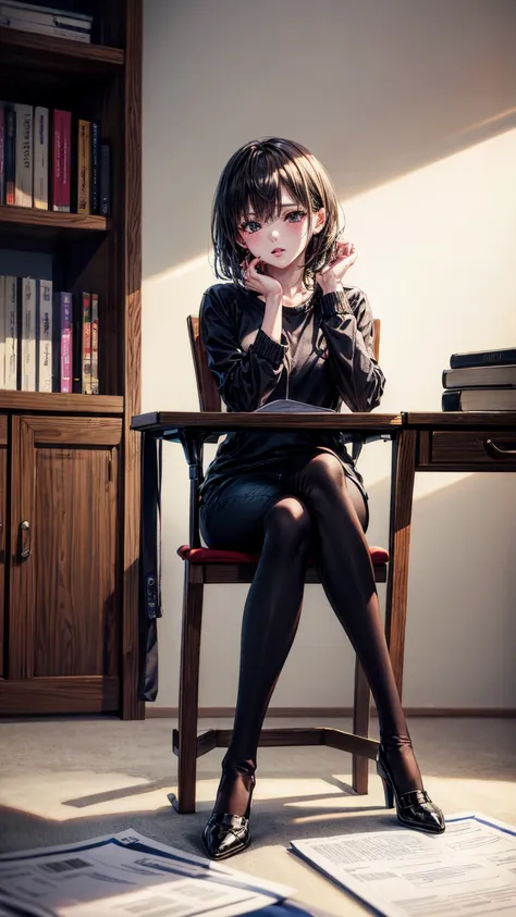 8k quality、high resolution、high resolutionの肌、thin legs、full body shot、moist lips、sitting at a desk looking at documents