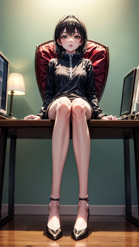 8k quality、high resolution、high resolutionの肌、thin legs、full body shot、moist lips、sitting at a desk looking at documents