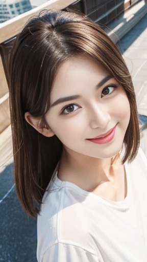 (Very detailedな CG Unity 8k 壁紙, Highest quality, Very detailed, Looking into the camera:1.2, The light shines on your face:1.5, Outdoor、From above、rooftop、Professional Lighting), Japanese women, 32 years old, Brightly lit upper body composition of a face. ...