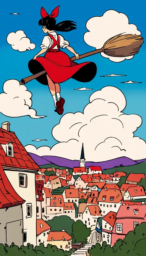 Fantasy painting，Kiki&#39;s Delivery Service,A girl flying through the sky on a broom,Back view，Ghibli style,Croatian residential area