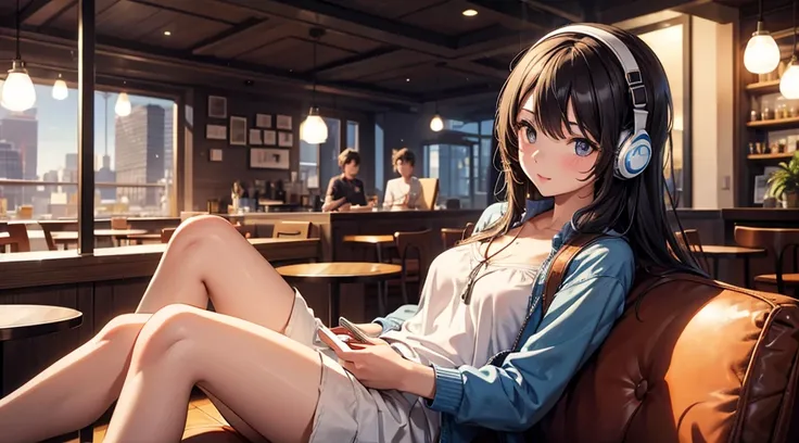 Girl with headphones enjoying music in a cafe　I am studying　Emphasize a little bit of the chest