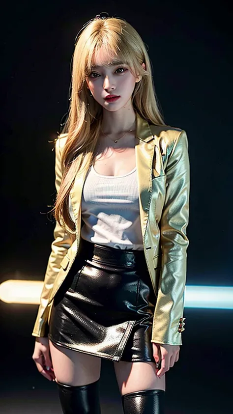 (8k, RAW photo, photorealistic:1.25) ,( lipgloss, eyelashes, gloss-face, glossy skin, best quality, ultra highres, depth of field, chromatic aberration, caustics, Broad lighting, natural shading, knee boots,short skirt,blazer suit,Kpop idol,blonde hari) st...