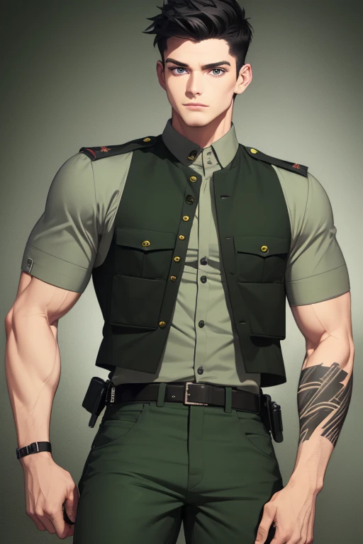 Aiden Flynn 30 build slim muscles military uniform open green vest military print green pants black hair black eyes dark skin tattoo holding a knife