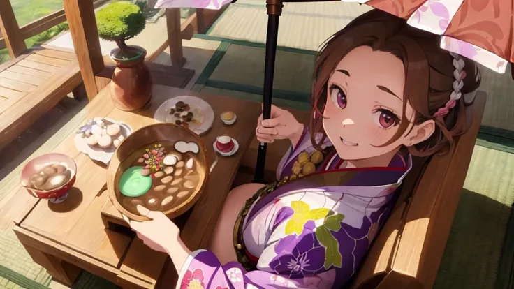 ((Brown Hair)),((Braided Short Hair)),((Brown eyes)),A slight red tide,(Tea room in the Edo period),((chaise lounge covered with red sheet)),(Japanese pattern standing parasol),((purple, Yellow green, and a pink kimono)),(White Cape),((He is holding a bowl...