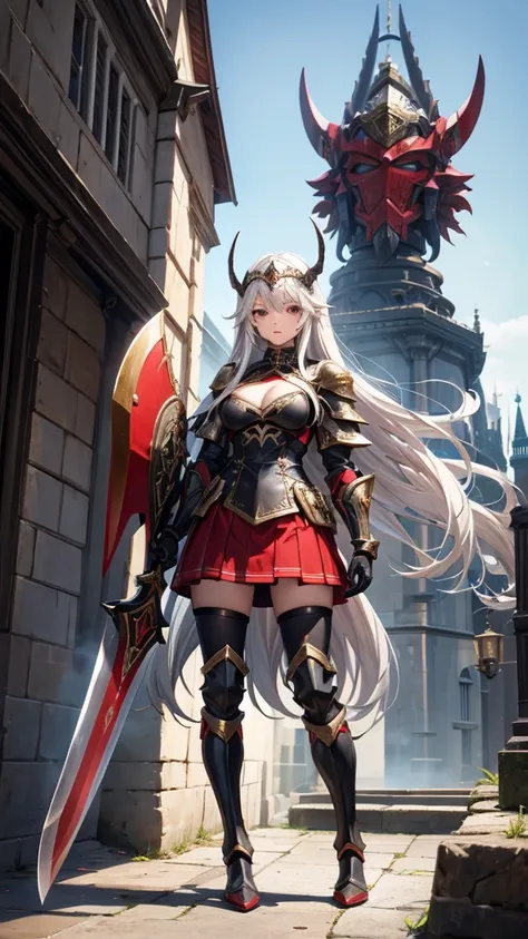 Girl with long white straight hair and medium chest，black tights，red full body armor，half helmet，cleavage，Long skirt，，Legs Boots，Standing，giant axe，Great sword，medieval european city