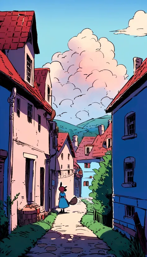 Fantasy painting，Kiki&#39;s Delivery Service,A girl in blue flying through the sky on a broom,Back view，Ghibli style,Croatian residential area