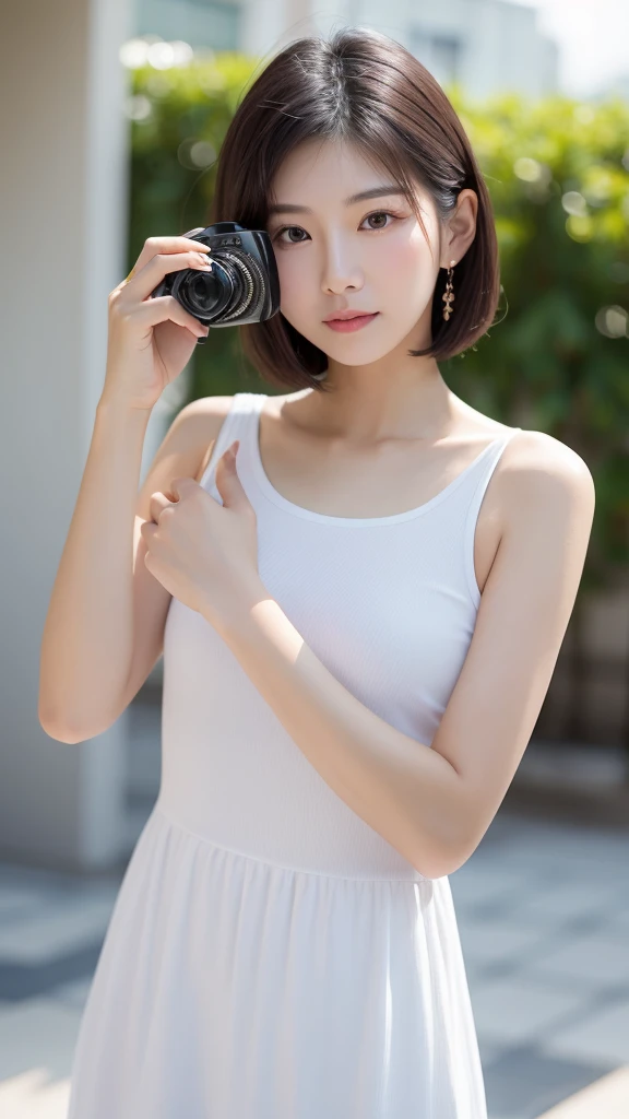 An Asian woman in her 50s taking a photo in a white dress, gorgeous young Korean women, Gorgeous Chinese Model, beautiful south Korean women, beautiful young Korean women, Korean Girls, Beautiful Asian Girl, Short hair, Wearing a low-cut tank top, Korean w...