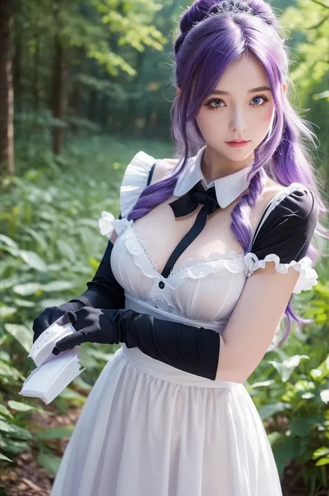 ((masterpiece)), ((best quality)), (ultra-detailed), watercolor, gradation, forest, a cute girl, solo, maid, beautiful purple hair, , (beautiful eyes), black gloves, wind effect 