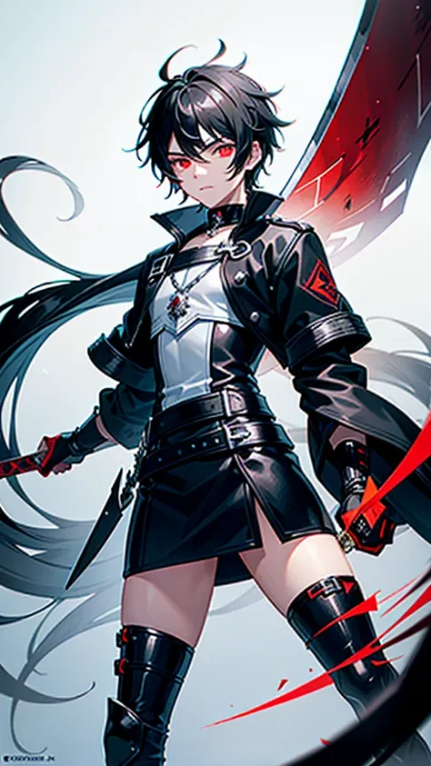 A 15 year old male teenager, with fantastic black hair and her bright scarlet eyes filled with hate, holds a magnificent sword with a white handle and black blade with macabre eyes spread across the entire blade.