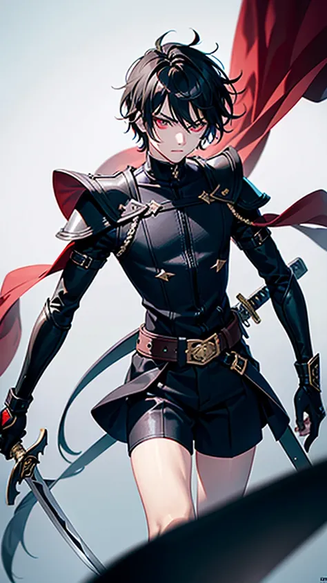 A 15 year old male teenager, with fantastic black hair and her bright scarlet eyes filled with hate, holds a magnificent sword with a white handle and black blade with macabre eyes spread across the entire blade.