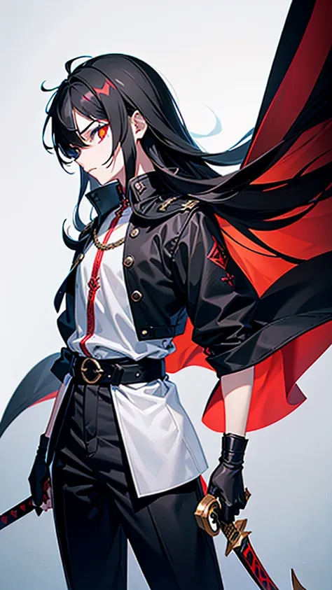 A 15 year old male teenager, with fantastic black hair and her bright scarlet eyes filled with hate, holds a magnificent sword with a white handle and black blade with macabre eyes spread across the entire blade.