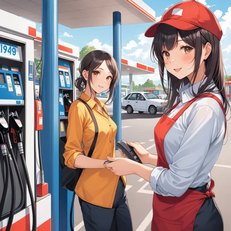 Girl working at a gas station