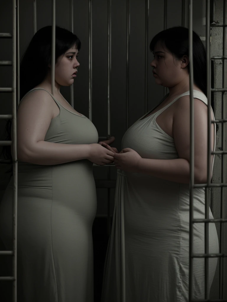 A very fat woman and a very skinny woman in a prison cell, highly detailed, photorealistic, dramatic lighting, cinematic composition, intense emotions, intricate textures, muted color palette