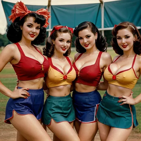 Vintage-style sexy cheerleaders at camp, in pin-up poses with retro uniforms and vibrant colors, big breasts 