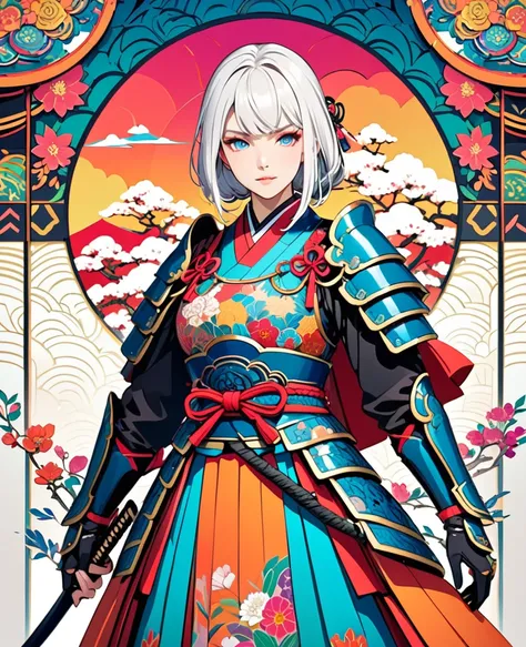 (best quality, masterpiece, ultra high-resolution, ultra-detailed: 1.2),A vibrant and colorful illustration of an anime-style female samurai character with white hair, holding her sword in front of her face. She is wearing traditional Japanese adorned with...