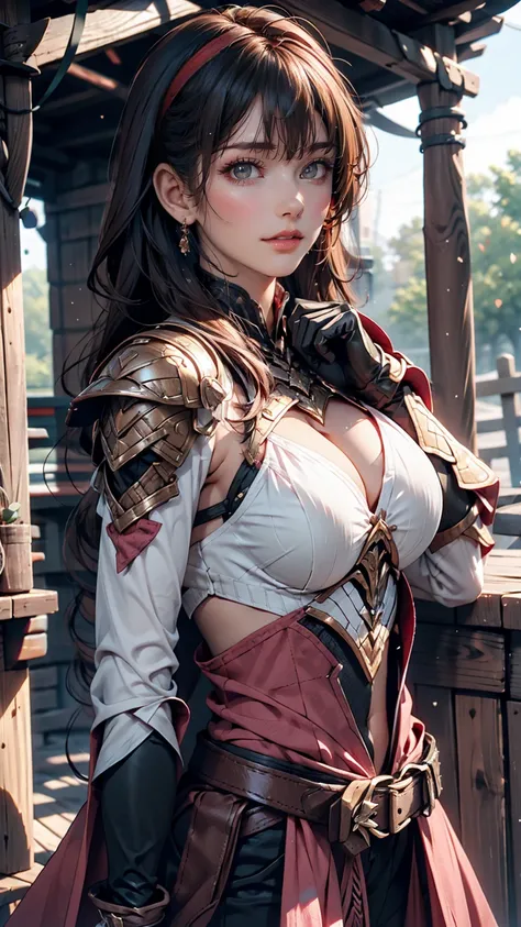 Lapisfe, One girl, alone, View your viewers, blush, bangs, gloves, Upper Body, Braiding, hair band, Outdoor, Part your lips, null, Day, Raise your hand, Pink Eyes, armor, wood, Covered navel, Blurred Background, Place your hand on your chest, shoulder armo...