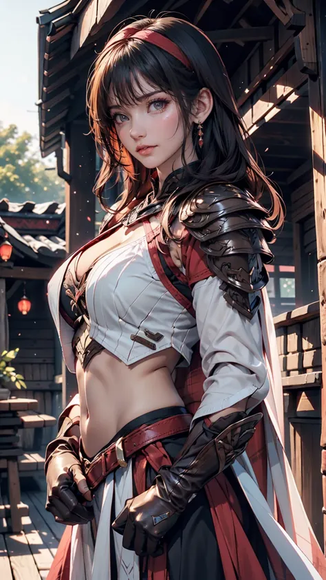 Lapisfe, One girl, alone, View your viewers, blush, bangs, gloves, Upper Body, Braiding, hair band, Outdoor, Part your lips, null, Day, Raise your hand, Pink Eyes, armor, wood, Covered navel, Blurred Background, Place your hand on your chest, shoulder armo...