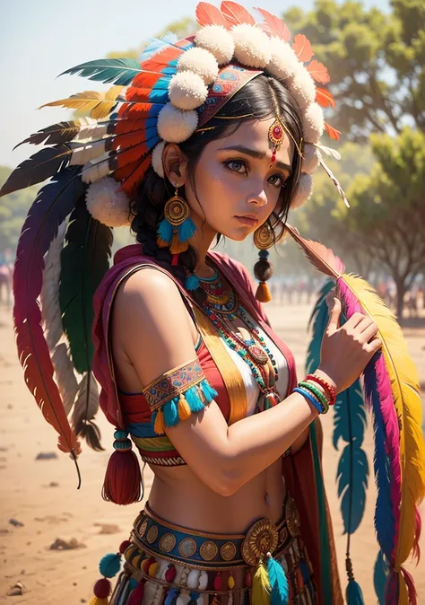 Woman, India, native american, colorful feather headdress on the head, colorful cloth clothes