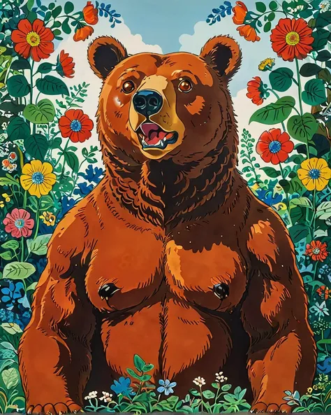 stunning josef frank style artwork bear . satire, exaggerated, pop art style, vibrant colors, iconic characters, dynamic . the a...