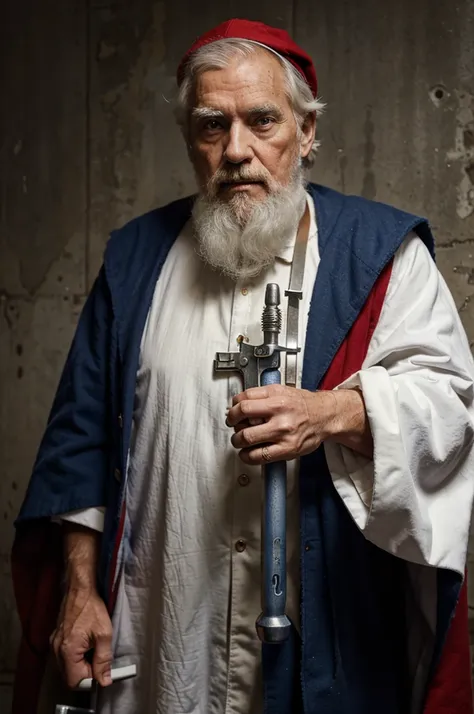 Saint Peter. elderly man, white bearded, wearing red and blue cloak, holding a square tip wrench.