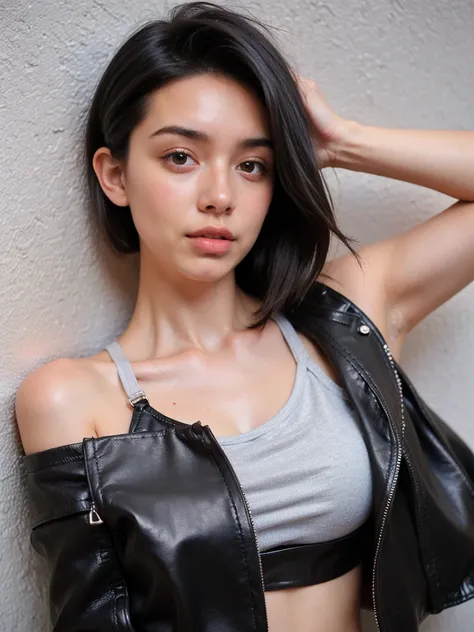 (8k、RAW Photos、top-quality、​masterpiece:1.2)、(realistic Photo-realsitic:1.37)、1girl in、japanese, 18-years old, face lights, Detailed face、Detailed lips, (wearing a black faux leather jacket over silver sports bra:1.5), (exposed right shoulder and armpit :1...