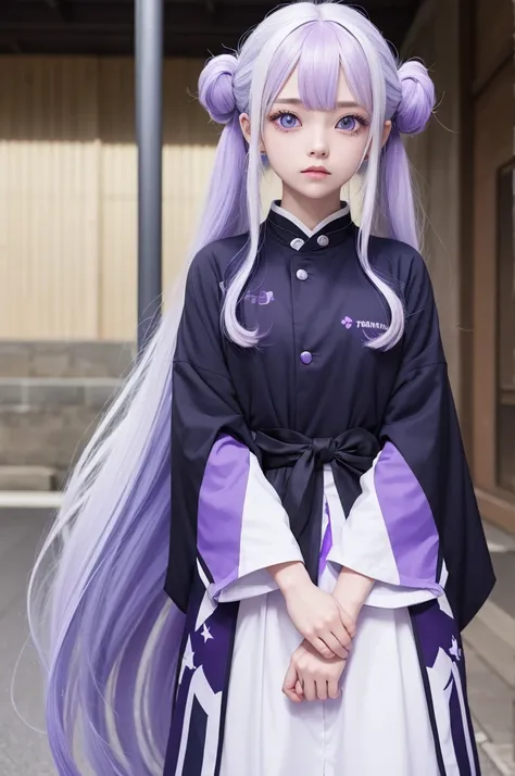 girl with trait from the anime Kimetsu no Yaiba. Long hair with lilac colored bangs, the rest of the hair is white with blue tips. Blue gradient eyes with white star pupil.