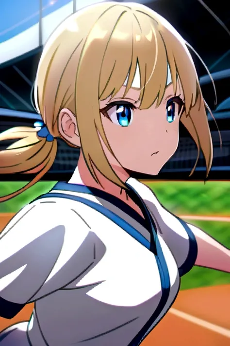 Anime girl with short blonde hair and blue eyes playing baseball