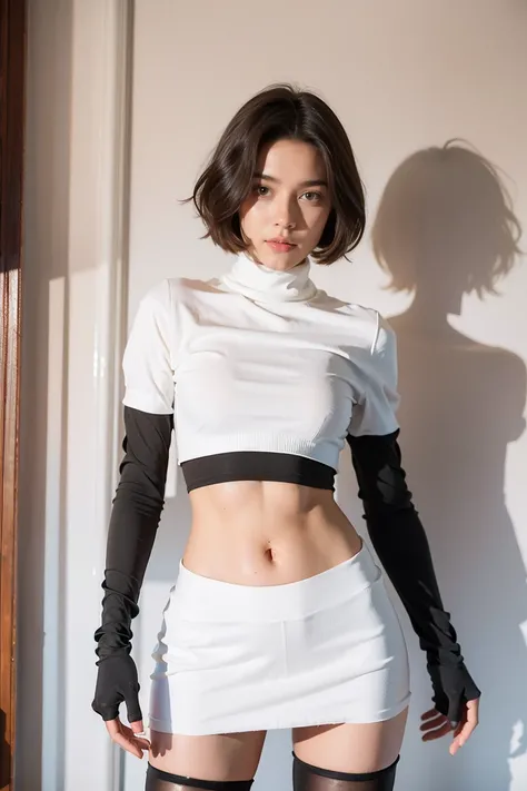 brandygordon, Team Rocket,Team Rocket uniform, red letter R, White skirt,White crop top,black thigh high stockings, black elbow length gloves, ((Skinny body)), )((medium breasts)), short hair