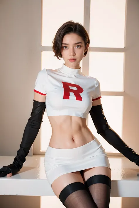 brandygordon, Team Rocket,Team Rocket uniform, red letter R, White skirt,White crop top,black thigh high stockings, black elbow length gloves, ((Skinny body)), )((medium breasts)), short hair