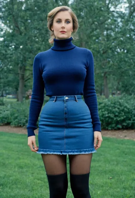 Full body shot of 1 beautiful woman in park, adult, large body, turtleneck sweater, (victorian mini denim skirt), tight skirt tall, 19th century photo, deep focus, vintage film grain, color correction retro style, soft lighting,
