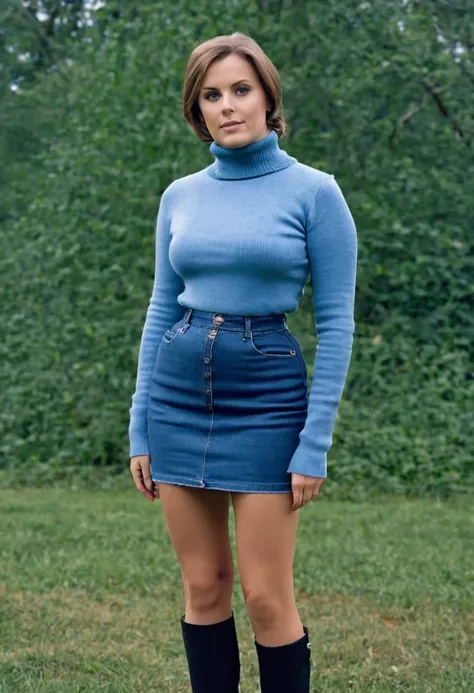 Full body shot of 1 beautiful woman in park, adult, large body, turtleneck sweater, (victorian mini denim skirt), tight skirt tall, 19th century photo, deep focus, vintage film grain, color correction retro style, soft lighting,
