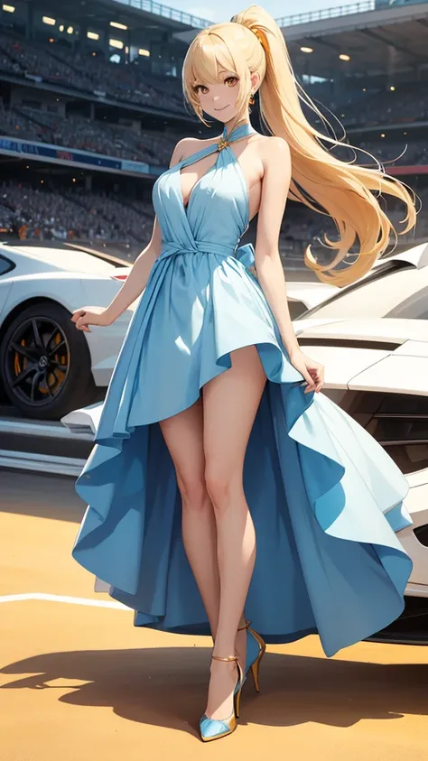 Beautiful Woman, Full Body, Two Legs, Two Arms, Light Blue Elegant Dress, Golden Hair, Long Ponytail Hair, White Skin, Orange Eyes, Bare Arms, Bare Legs, Standing, Golden Heels, Smiling Face, Car Race Track Background