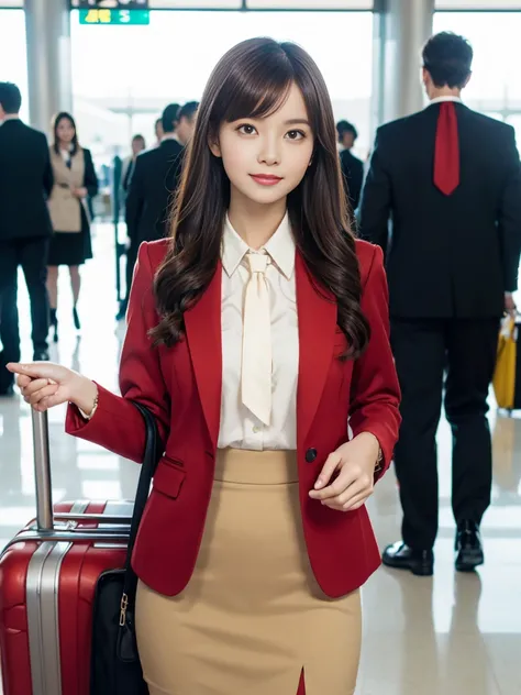 {{Mature Solo Woman, White people}}, View your viewers, Hazel Eyes, Very detailed, Medium chest, Brown Hair, airport, flight attendant, uniform, A nice red blazer, Red nice tie, Beige Skirt, Midi Skirt, Pencil Skirt, Red nice high heels, Happy, 最high quali...