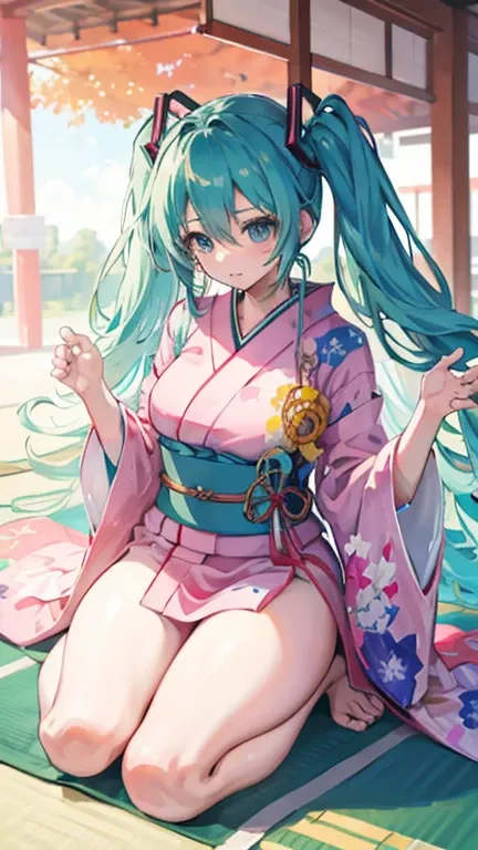 in the air,hatsune miku in a yukata enjoying a japanese festival while skydiving, raising both hands in the air