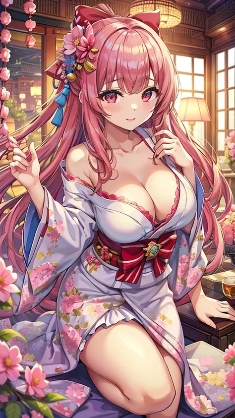 Masterpiece、Highest quality、Super detailed、1 girl、Pink Hair、(Big Tits)、Fluffy and soft long hair、Red-pink eyes、kimono、Japanese-style room、Cleavage、(The underboob is visible)、Belly button、Ruffles and ribbons、smile、Too big breasts