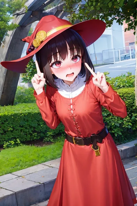 peace sign,(masterpiece, best quality), intricate details, 1girl, megumin, short hair, dress, red dress, hat, witch hat, belt indoors,ahg rolling eyes tongue((((blush)))),(cleatched teetch)